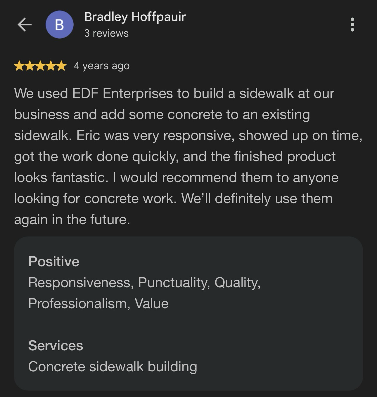 Original customer review supplied for Bradley Hoffpauir