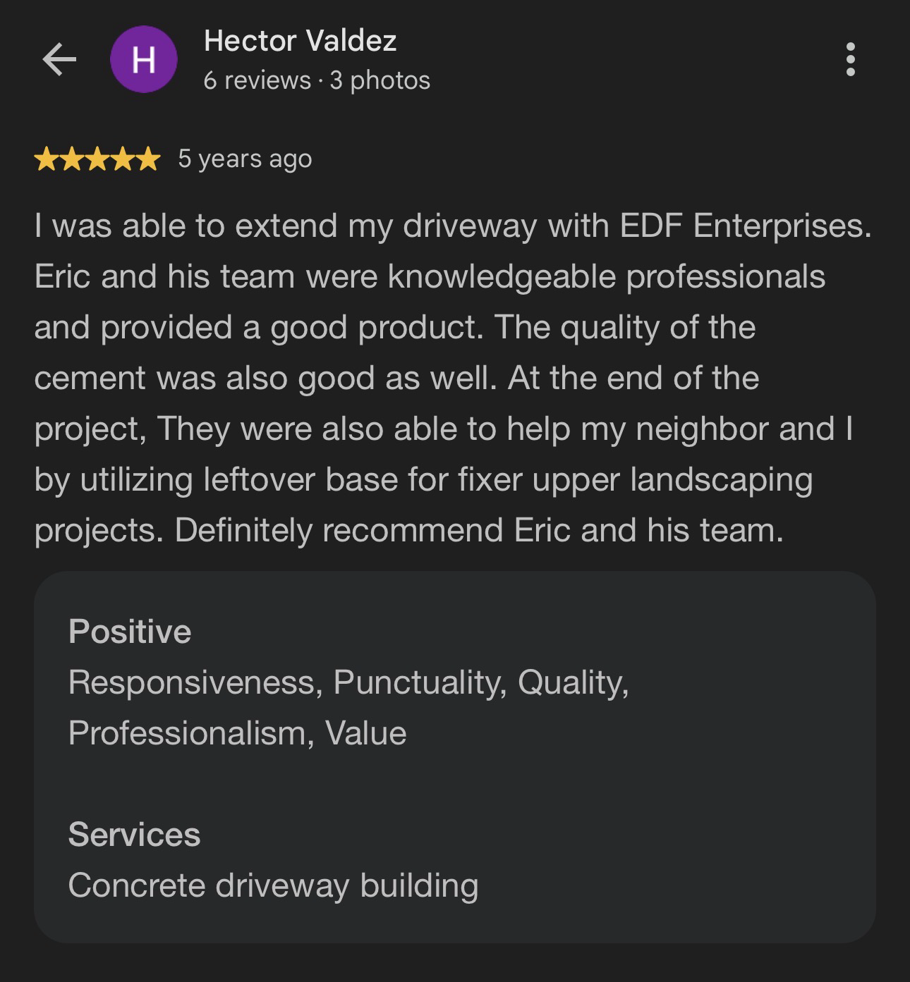 Original customer review supplied for Hector Valdez