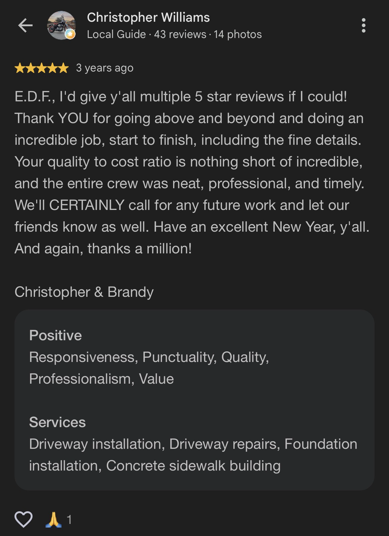 Google review screenshot from Christopher Williams
